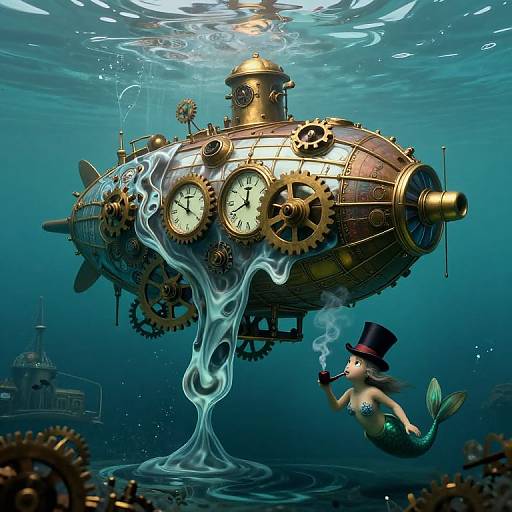 Steampunk underwater scene: mermaid with top hat and monocle, smoke pipe, floating beside clockwork airship with gears, blue-tint