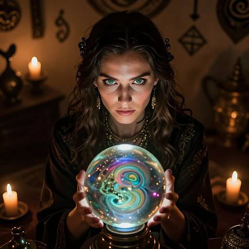 Photograph of a dark-haired woman with piercing blue eyes, holding a glowing, iridescent crystal ball in a dimly lit, candle-lit
