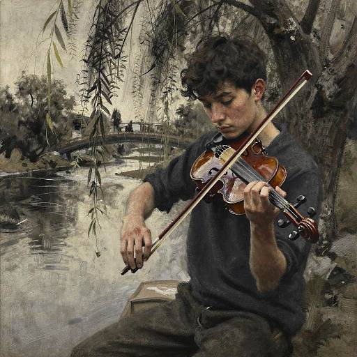Charcoal Violinist Under Willow Tree