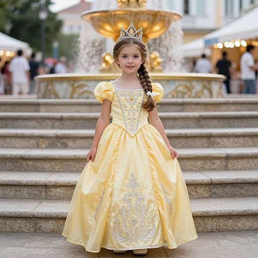 Photograph of a young girl with fair skin and brown hair in a braid, wearing a yellow princess dress and tiara, standing in front of