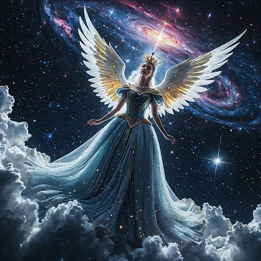 Celestial Queen with Angel Wings in Nebula Sky