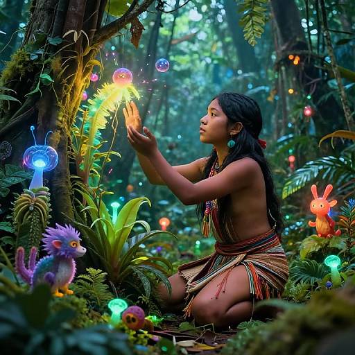Photograph of a topless young woman with long black hair and colorful tribal clothing, kneeling in a lush, enchanted forest, touching a glowing, rainbow