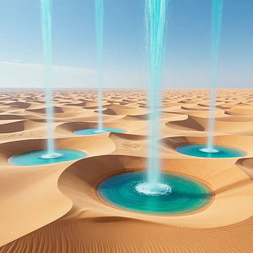 Photorealistic CGI of a desert landscape with three bright blue water wells, each surrounded by light brown sand dunes, and illuminated by vertical, glowing