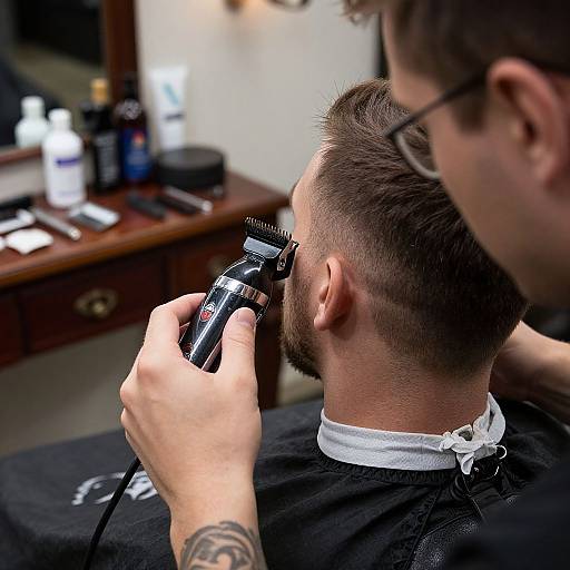 Photograph of a bearded man getting a close shave in a barbershop, with a barber using an electric trimmer on his neck, black