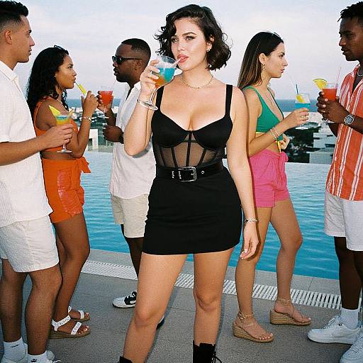 Photograph of a diverse group by a pool, with a pale-skinned woman in a black, sheer- mesh dress and short black boots, s