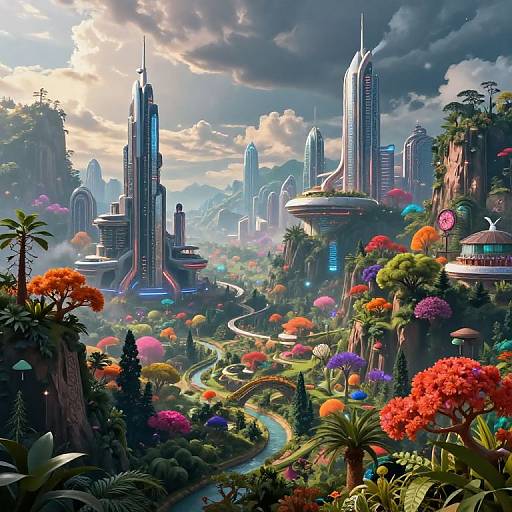 Vibrant, futuristic cityscape with towering skyscrapers on rocky hills, colorful flowering plants, winding path, and a cloudy sky. Digital artwork