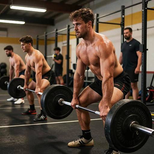 Photograph of muscular, shirtless men performing barbell squats in a gym; foreground man focused, others in background, wearing black shorts and sneakers