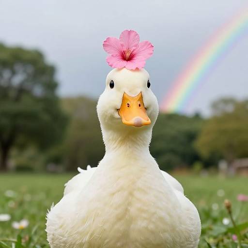 Photograph of a white duck with a pink hibiscus flower on its head, orange beak, and a rainbow in the blurred green park