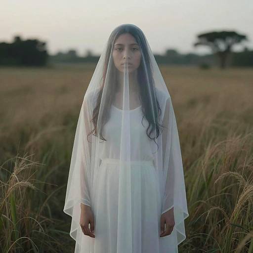 Photograph of a young woman with long brown hair, wearing a sheer white veil and dress, standing in a tall grass field at dusk.