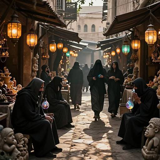 Photograph of a dimly-lit, narrow alley market with hooded vendors in black robes, selling glowing glassware beneath hanging lanterns, surrounded