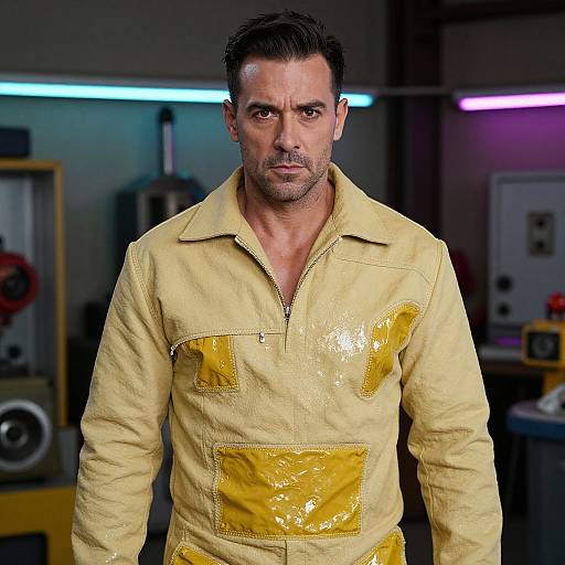 Photograph of a serious-looking, muscular man with short dark hair, wearing a shiny yellow jacket with plastic patches, standing in a modern, dimly