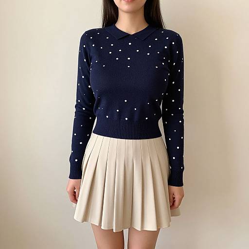Photograph of an Asian woman with long black hair wearing a navy polka dot sweater and a white pleated skirt against a plain white background.