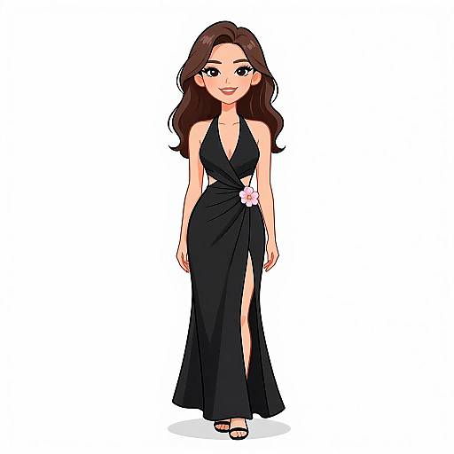 Digital anime-style illustration of a smiling woman with long brown hair in a black, sleeveless, deep V-neck, high-slitted evening gown, standing