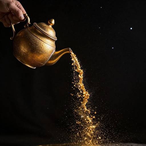 Photograph of a golden, textured teapot pouring sparkling liquid against a black background, with a hand gripping the lid.