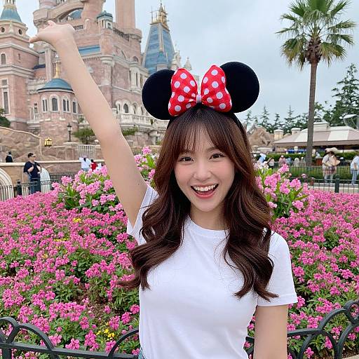 Photograph of smiling Asian woman with long brown hair, wearing Minnie Mouse ears with red polka dot bow, white shirt, arm raised, in