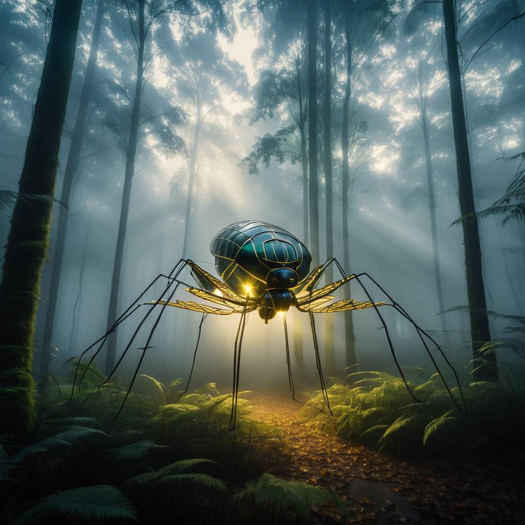 Giant Light Insect in Misty Forest