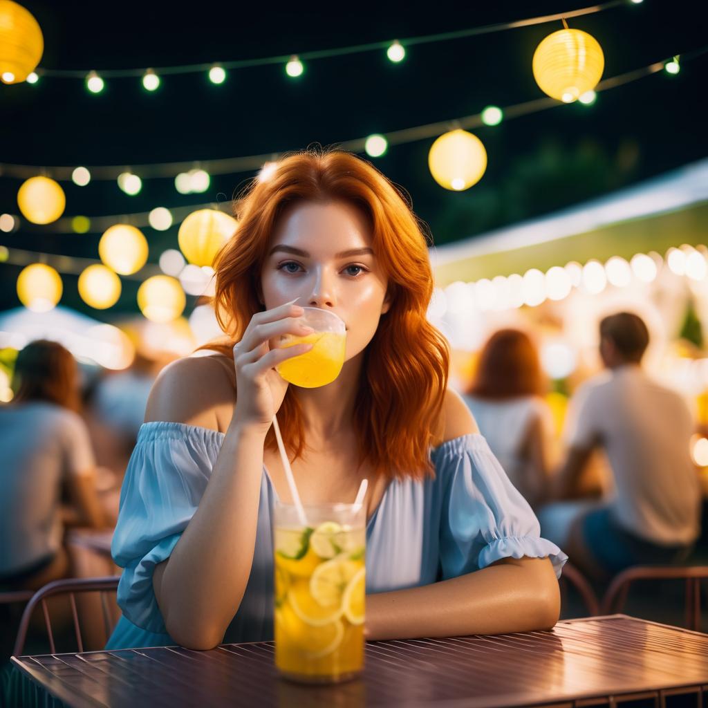 Stunning Auburn-Haired Woman at Night Market