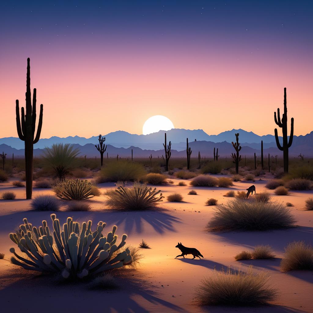 Cinematic Twilight Desert Landscape with Coyotes