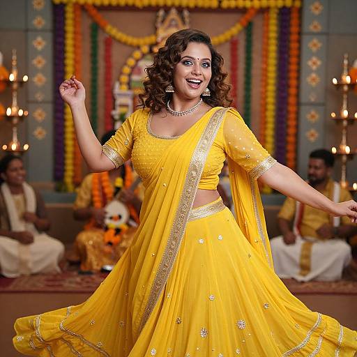Photograph of a smiling South Asian woman in a vibrant yellow traditional saree with gold embroidery, dancing in a decorated, lit temple.