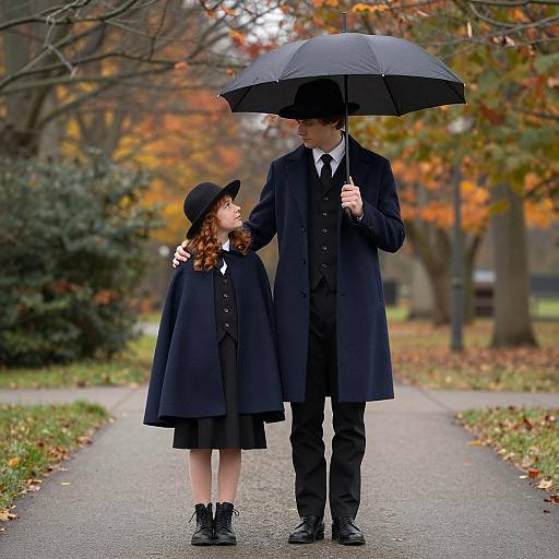 Two People in Dark Blue Coats Under Umbrella in Autumn Park