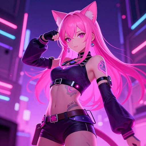 Digital anime-style image of a pink-haired catgirl with feline ears, wearing a black leather crop top, shorts, and arm sleeves, in a