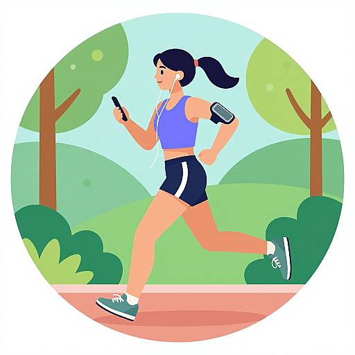Digital illustration of a fit woman with dark hair in a ponytail, wearing a blue sports top, black shorts, and sneakers, running outdoors on a