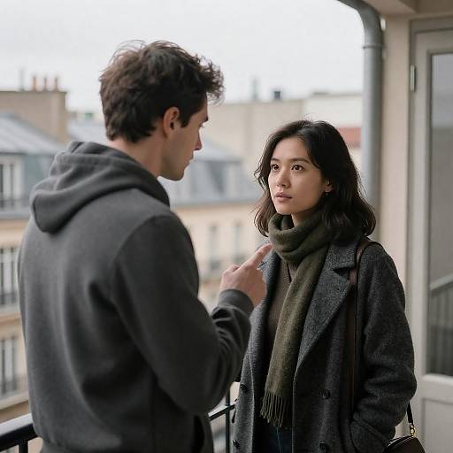 Young Couple on Urban Balcony Having a Serious Discussion
