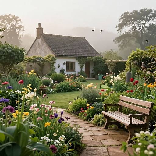 Serene Countryside Garden with Cottage and Wooden Bench