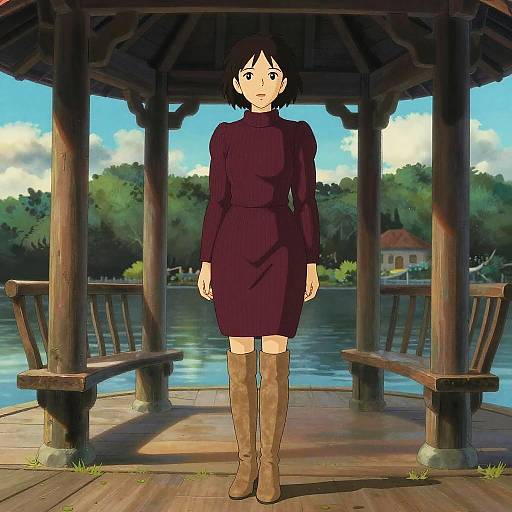 Woman in Burgundy Dress by Lakeside Pavilion