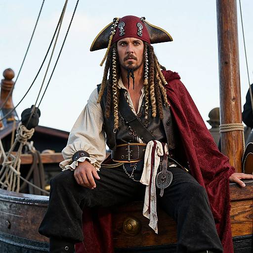 Photograph of a rugged, white man with dreadlocks, wearing a pirate hat, red coat, black vest, white shirt, and black pants,