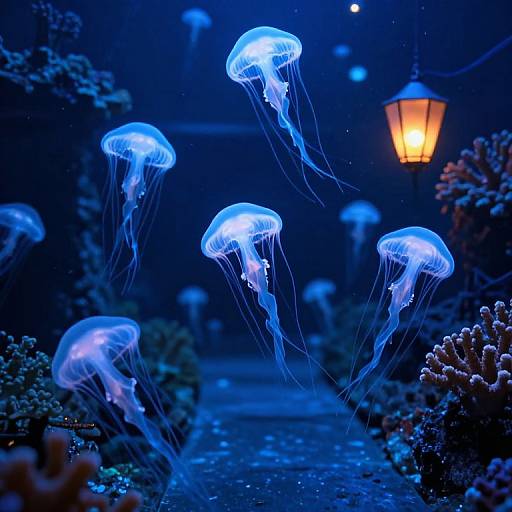 Photograph of glowing blue jellyfish floating in an underwater-themed garden at night, illuminated by a warm street lamp, surrounded by dark foliage.