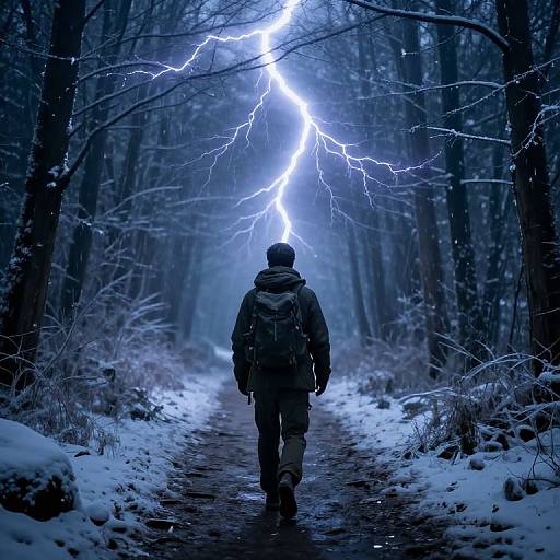 Photograph of a lone hiker in winter gear walking down a snow-covered path in a dark, illuminated forest by bright blue lightning.