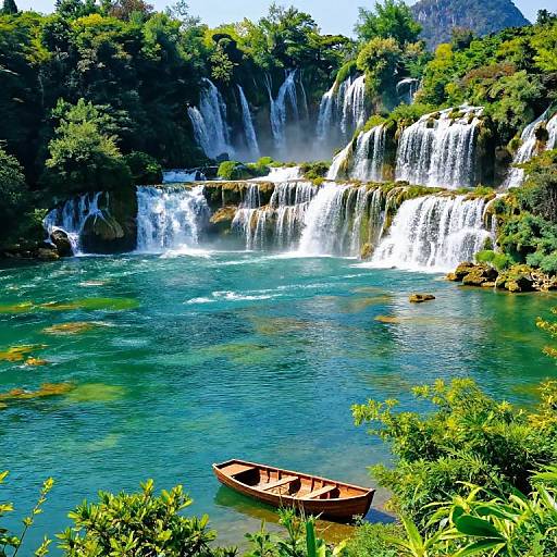 Photograph of a serene, turquoise river with cascading white waterfalls, surrounded by lush greenery. A small wooden rowboat floats in the foreground