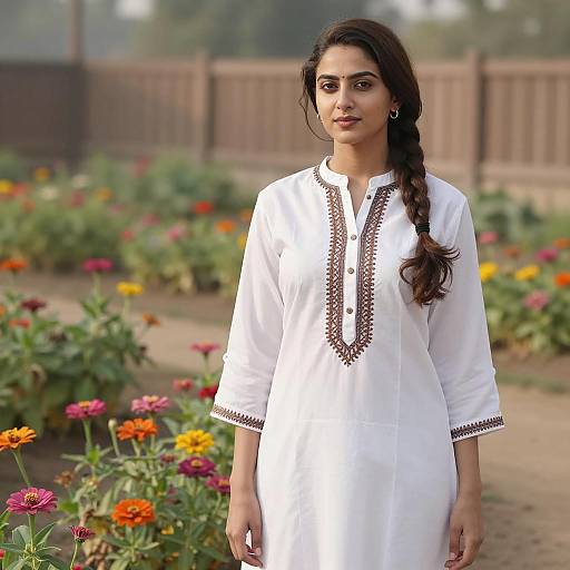 Young woman in white embroidered kameez in flower garden