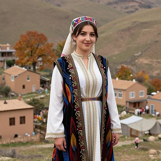 Photograph of a smiling young woman in traditional white and blue embroidered dress with floral headscarf, standing in a rural village with autumn-colored trees and