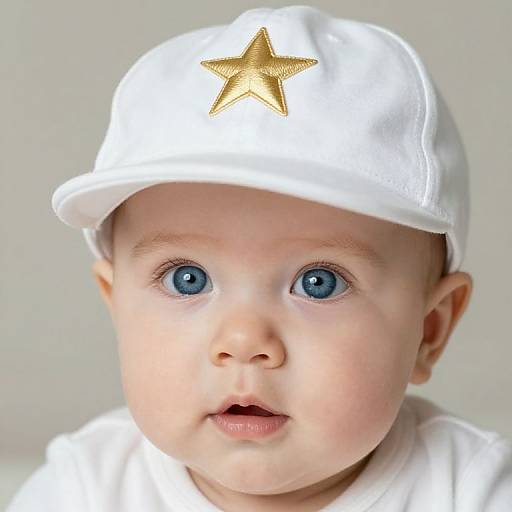 Close-up photograph of a baby with blue eyes, wearing a white cap with a gold star, against a plain white background.
