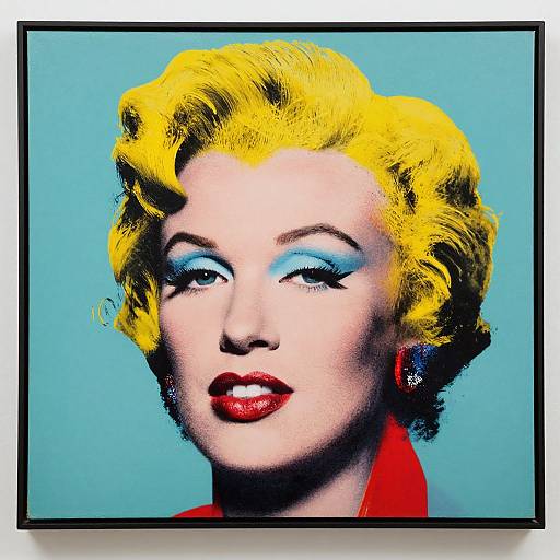 Pop art portrait of Marilyn Monroe with bright yellow hair, blue eyeshadow, red lips, red collar, framed against blue background.