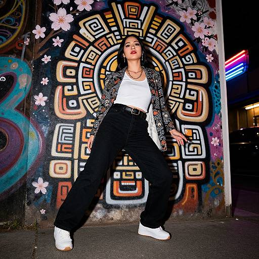 Photograph of a confident woman with dark hair, red lipstick, white tank top, black pants, white sneakers, and patterned jacket, posing against