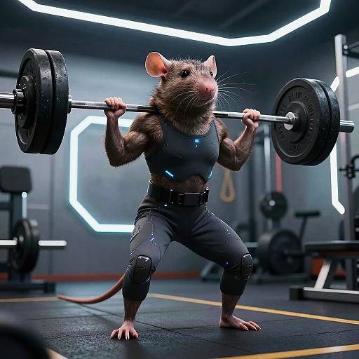 Cyberpunk Rat Weightlifter in Futuristic Gym
