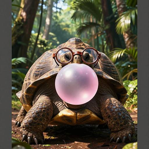Giant Tortoise Wearing Glasses Blowing Bubblegum