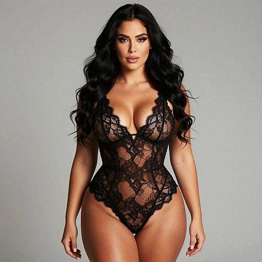 Photograph of a curvy woman with long black hair, wearing a revealing black lace bodysuit, standing against a plain gray background.