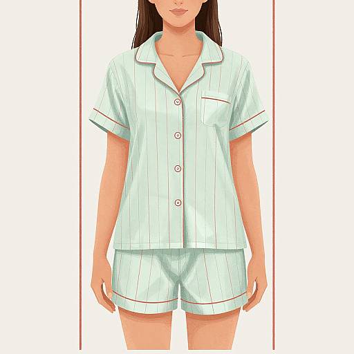 Digital illustration of a woman in white, striped pajamas with red trim, button-down top, and matching shorts, standing against a white background.