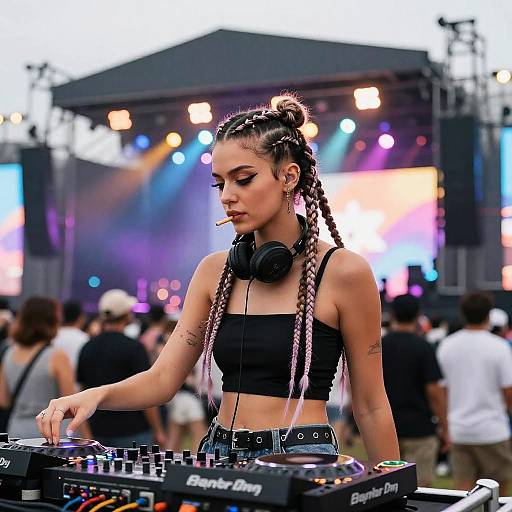 Photograph of a young woman with braided hair, black crop top, and headphones, DJing at an outdoor festival with colorful lights and a crowd