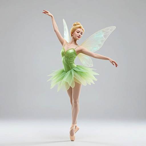 Photograph of a blonde ballerina with translucent green fairy wings and dress, standing en pointe, arms gracefully extended, against a plain white background