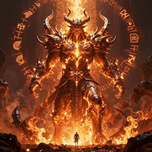 Digital artwork of a massive, fiery, horned demon with glowing runes, engulfed in flames, with a tiny figure standing at its base.