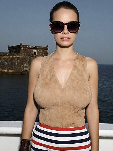 Photograph of a woman with light skin, brown hair in a bun, wearing large black sunglasses, beige V-neck top, and striped red, white