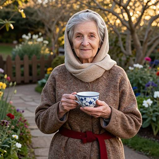 Elderly Woman in Sunlit Garden
