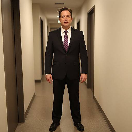 Photograph of a serious, middle-aged Caucasian man in a black suit, white shirt, and striped tie, standing in a dimly lit, empty