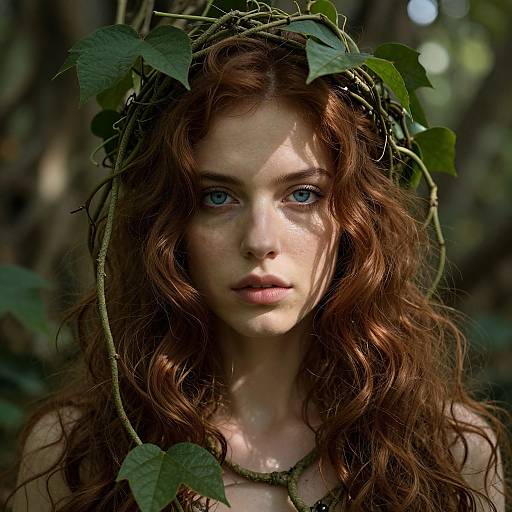 Photograph of a fair-skinned, blue-eyed redhead woman with wavy hair, wearing a vine crown with green leaves, set against a forest background