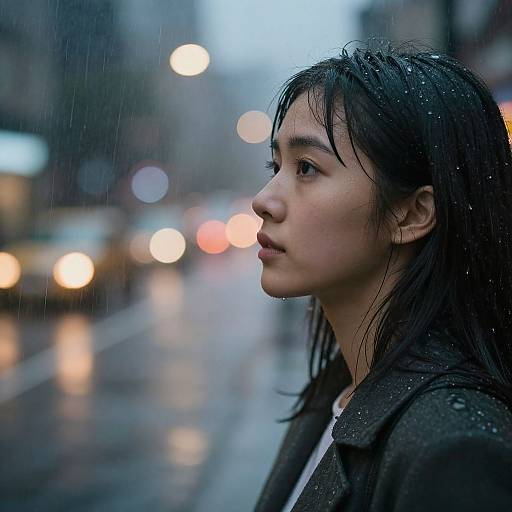 Contemplative Woman Amid Raindrops